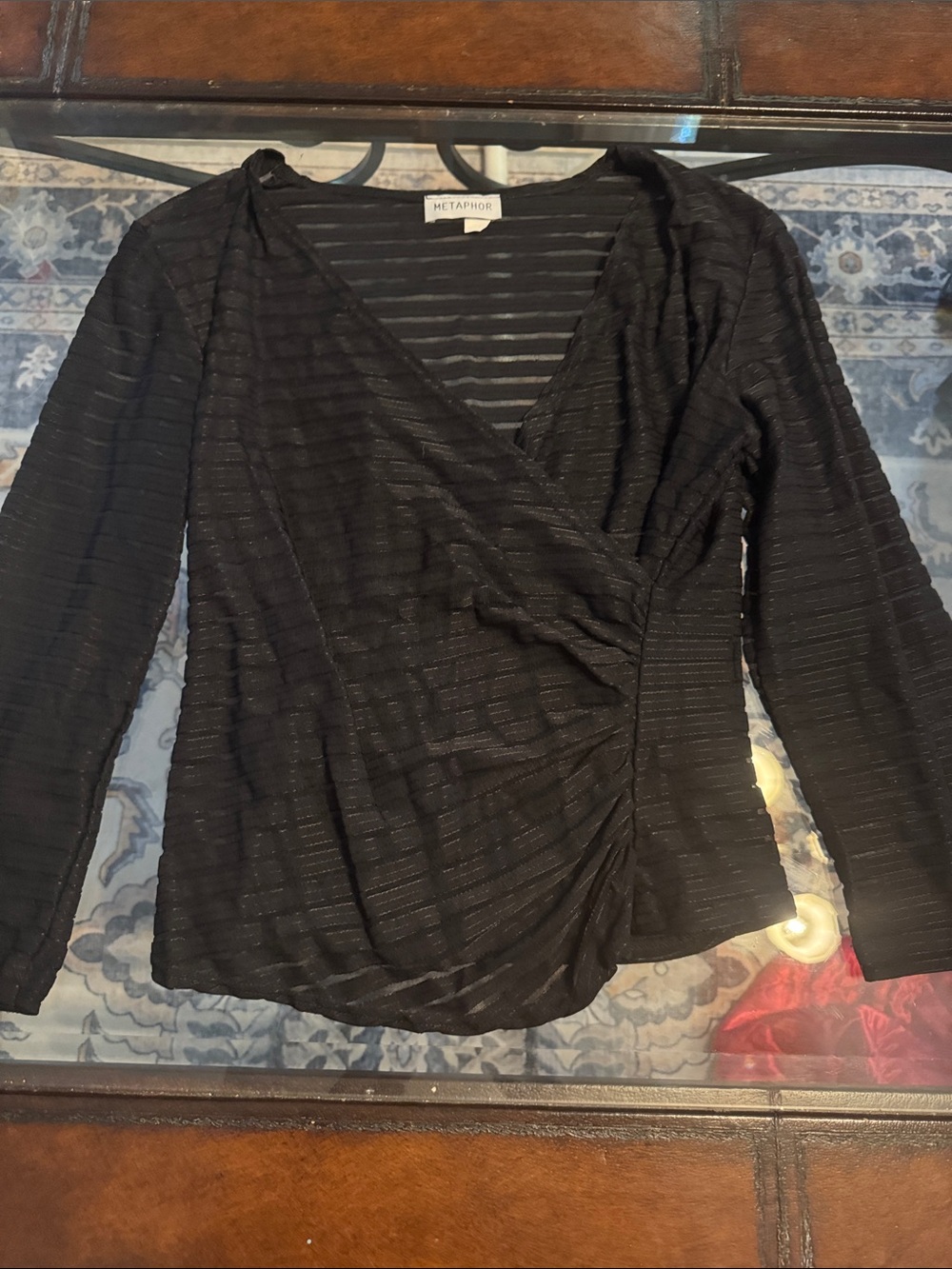 Vintage Metaphor Black Long Sleeve Surplice Wrap Top